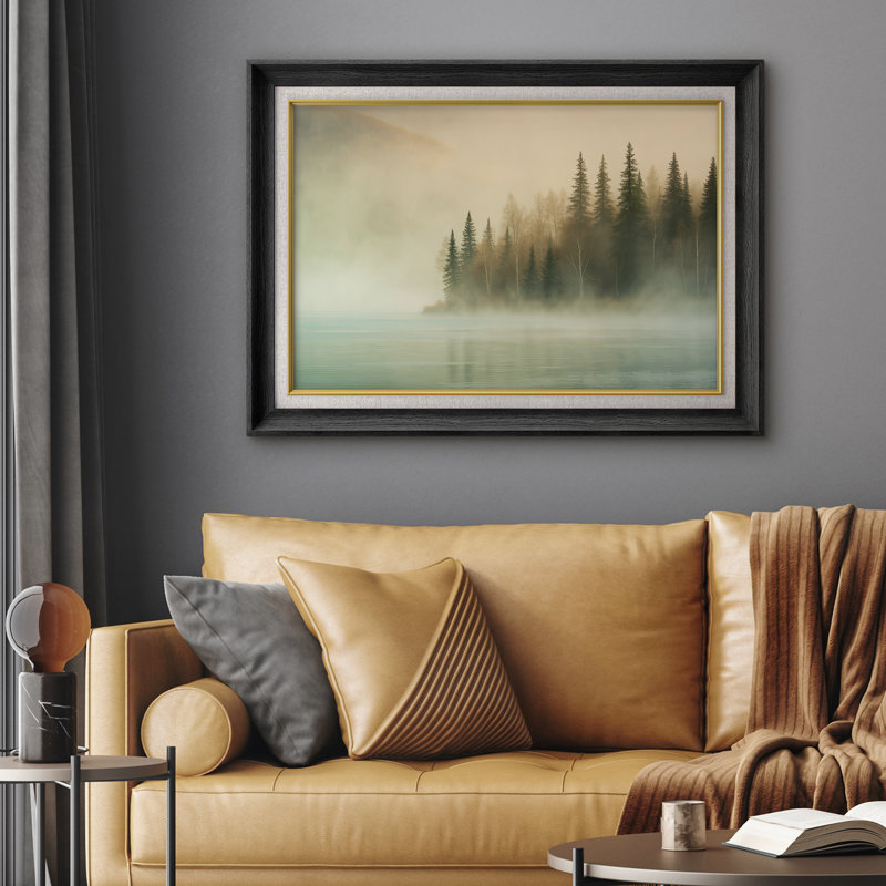 «Misty Forest Lake with Evergreen Trees and Soft Morning Light», reproduction d'art sur toile encadrée
