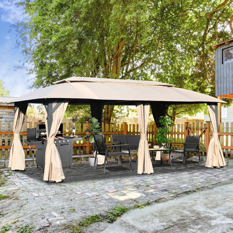 Pavillon de jardin extérieur 10 x 20 pi - coins réglables, rideaux d'intimité, intérieur spacieux de la tente brune, tissu imperméable, cadre robuste,