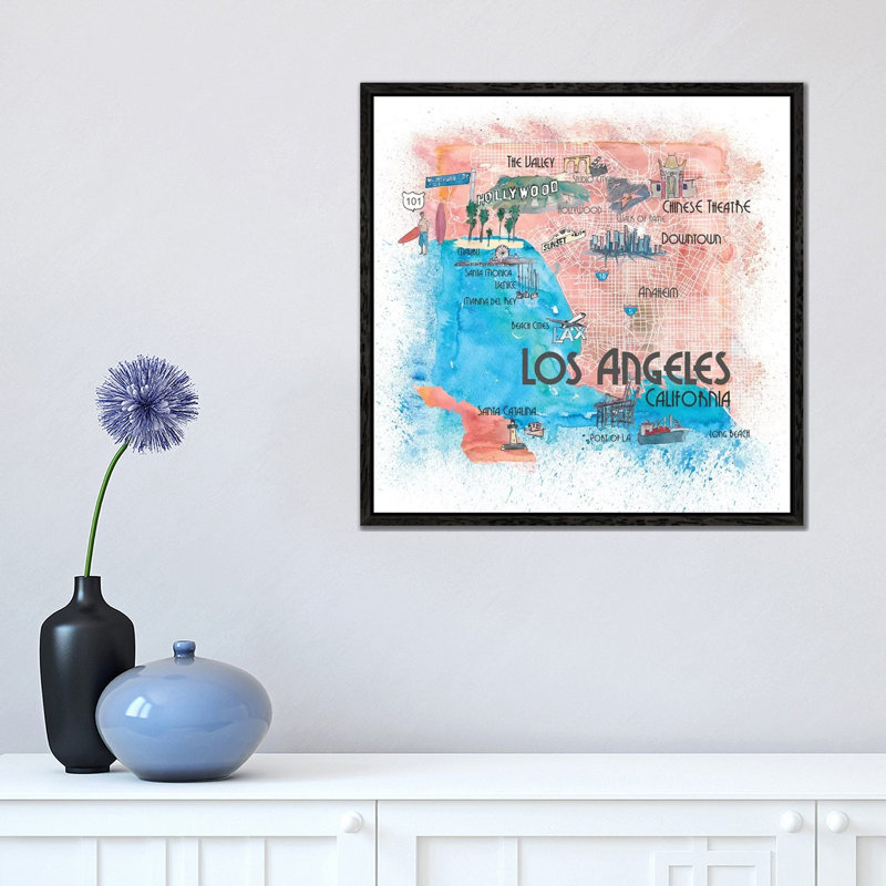 Los Angeles USA Illustrated Map by Markus & Martina Bleichner - Painting on Canvas, Black Floater Framed
