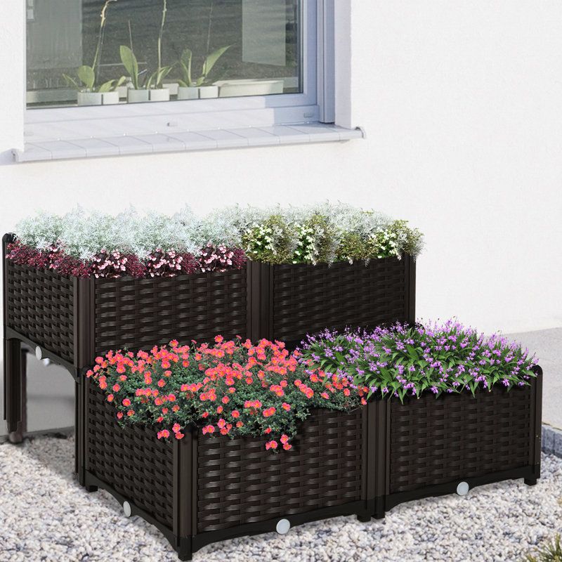 Jardinière surélevée de 4 pièces avec pieds, à arrosage automatique, pour herbes aromatiques, légumes et fleurs, couleur marron. Potager en plastique.