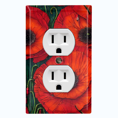 Red Flower Green Leaves 1 - Gang Duplex Outlet Standard Wall Plate
