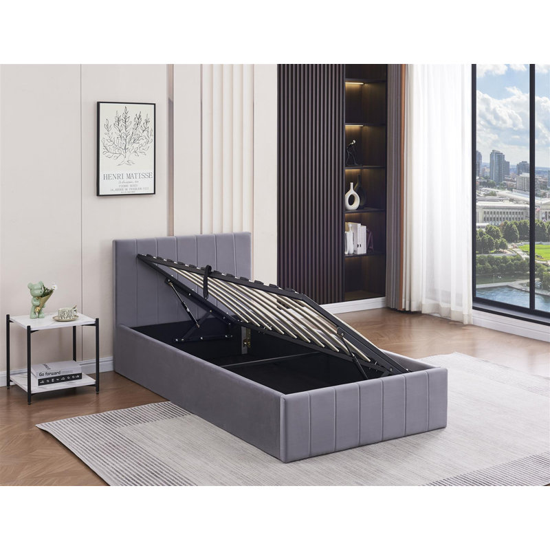 Ottoman Storage Bed Grey Lined Pattern Velvet With 1 Mattress, Small Double (4')