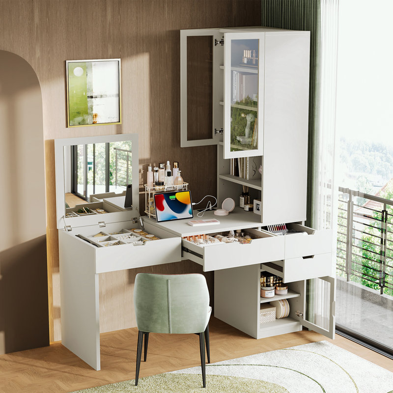 Bureau de maquillage avec miroir, 3 tiroirs, 2 armoires et station de charge