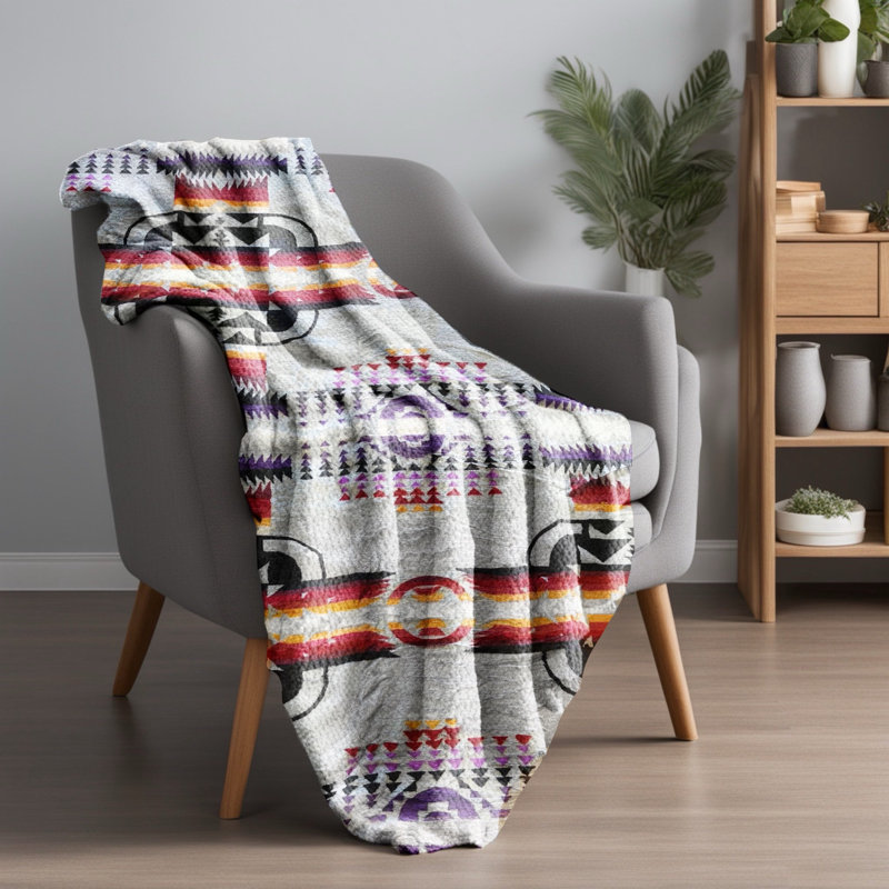 Gray Geometric Southwestern Reversible Sherpa Fleece Throw Blanket