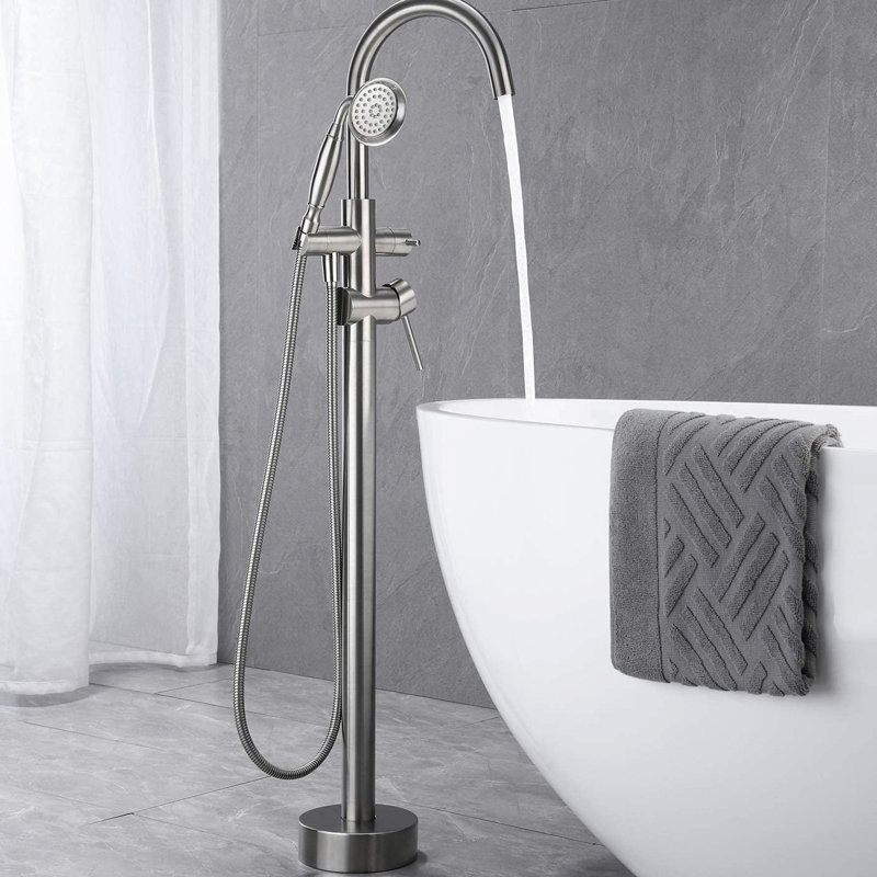 Solid Brass Freestanding Tub Filler In Brushed Nickel - Reliable And Long-term Performance With Diverter Valve Easily Control Water Flow Direction