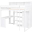 Lit mezzanine simple blanc avec un grand espace de garde-robe, des mesures en bois et plusieurs rangements,-452313389