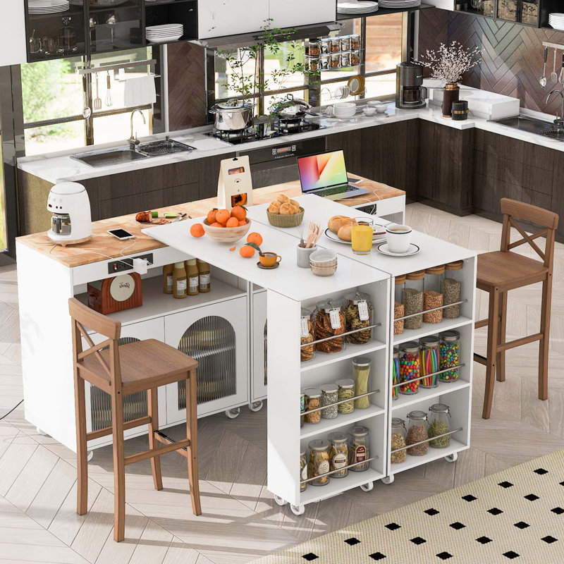 Îlot de cuisine roulant avec table allongée, îlot de cuisine sur roulettes avec lumières DEL, prises de courant et 2 portes en verre cannelé, îlot de cuisine avec compartiment de rangement et 3 tablettes ouvertes latérales