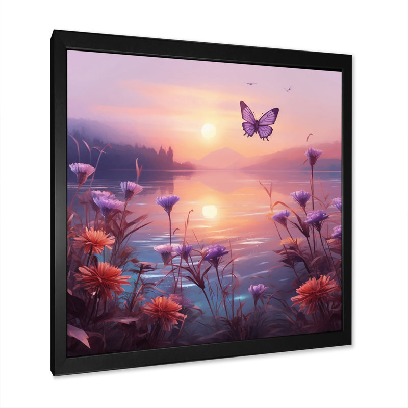 Coucher de soleil rose avec papillon rose, H 16 po x l 16 po x P 1 po, Cadre simple noir