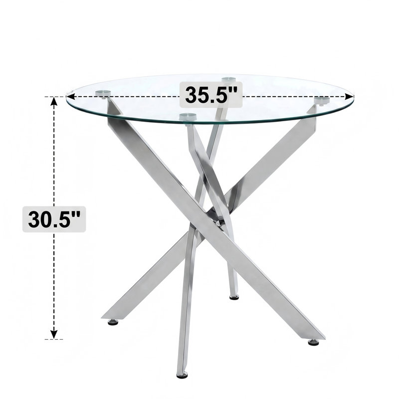 Table de salle à manger circulaire, table de salle à manger en verre de 35,5 pouces avec pieds argentés, table de cuisine moderne pour la maison, salle à manger