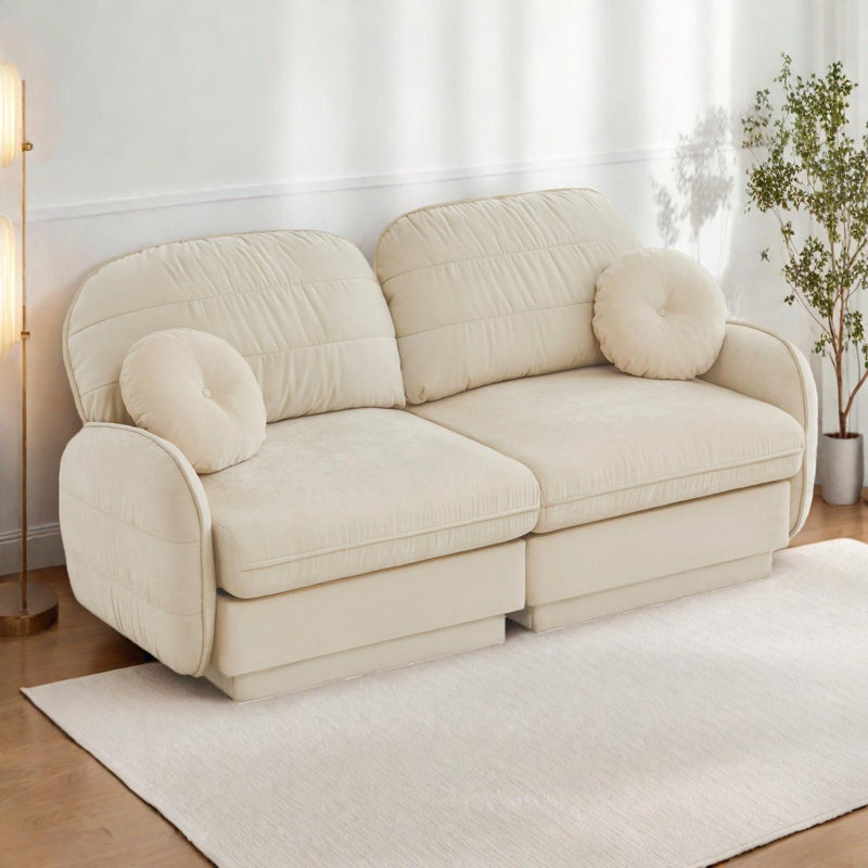 Canapé modulaire en chenille avec coussins ronds, coussins de dossier matelassés et assise profonde Chenille, Beige crème