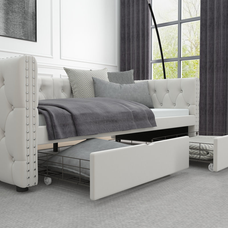 Twin Size Daybed With Drawers Upholstered Tufted Sofa Bed, With Button On Back And Copper Nail On Waved Shape Arms, Velvet