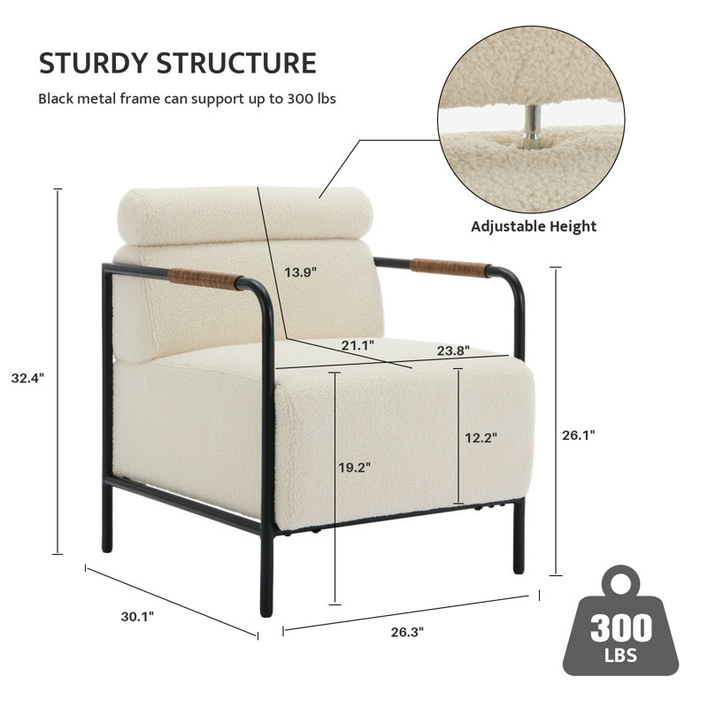 Sinobi Upholstered Accent Armchair with Metal Frame, Cream Wool