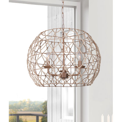 Luminaire suspendu 3 lumières Asawer avec finition brun clair et abat-jour en corde brun clair naturel