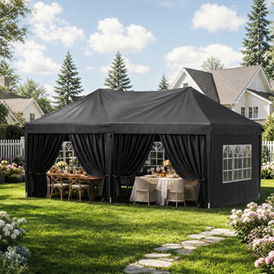 Auvent escamotable de 20 pi x P 10 po avec parois latérales, tente instantanée avec sac de transport, toile d'ombrage imperméable à hauteur réglable pour les événements, les fêtes et le camping - Noir