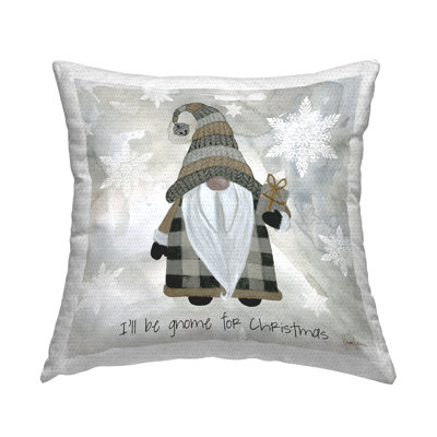 Cozy Gnome Holding Gift Holiday Snowflakes Outdoor Printed Pillow by Livi + Fin