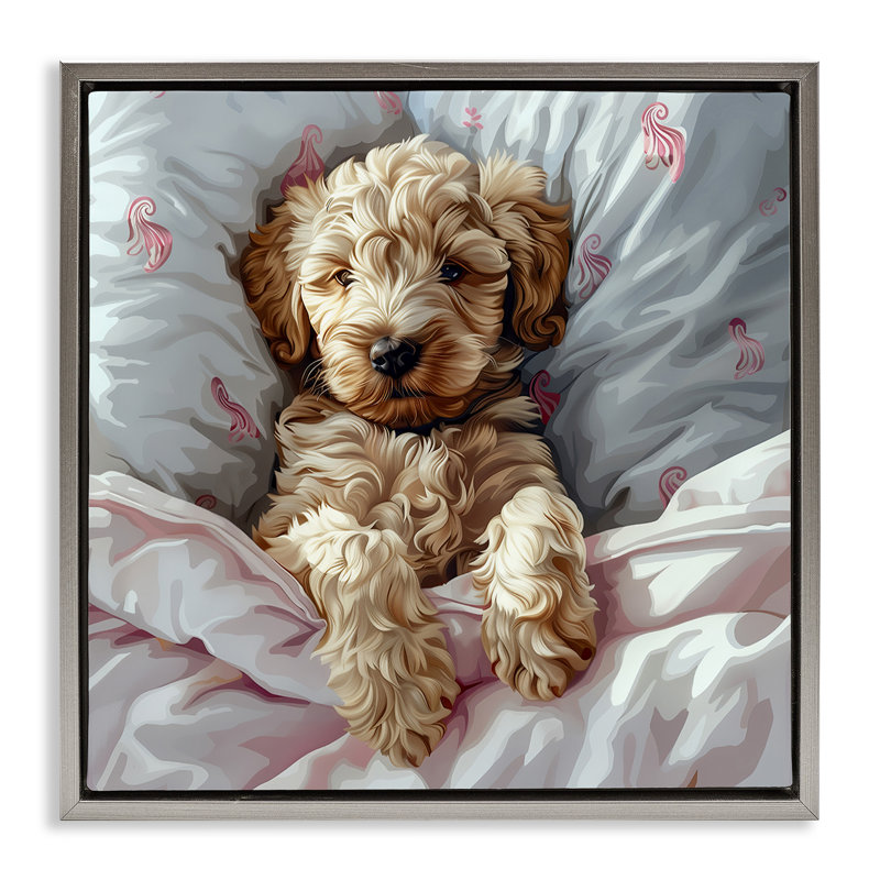  Art mural sur toile «Nap Time Cuddling Labradoodle» par Jim Baldwin, H 25 po x l 25 po, Cadre flottant gris lustré