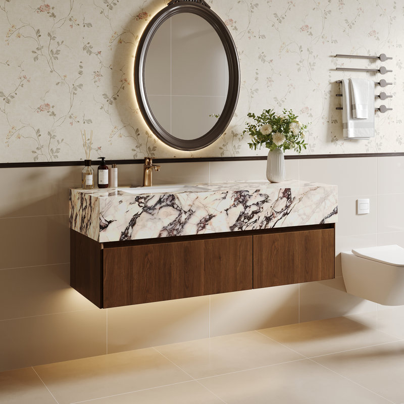 Armoire de salle de bain de luxe moderne 48 po avec plateau en pierre frittée, meuble-lavabo flottant avec tiroir en U, Brown