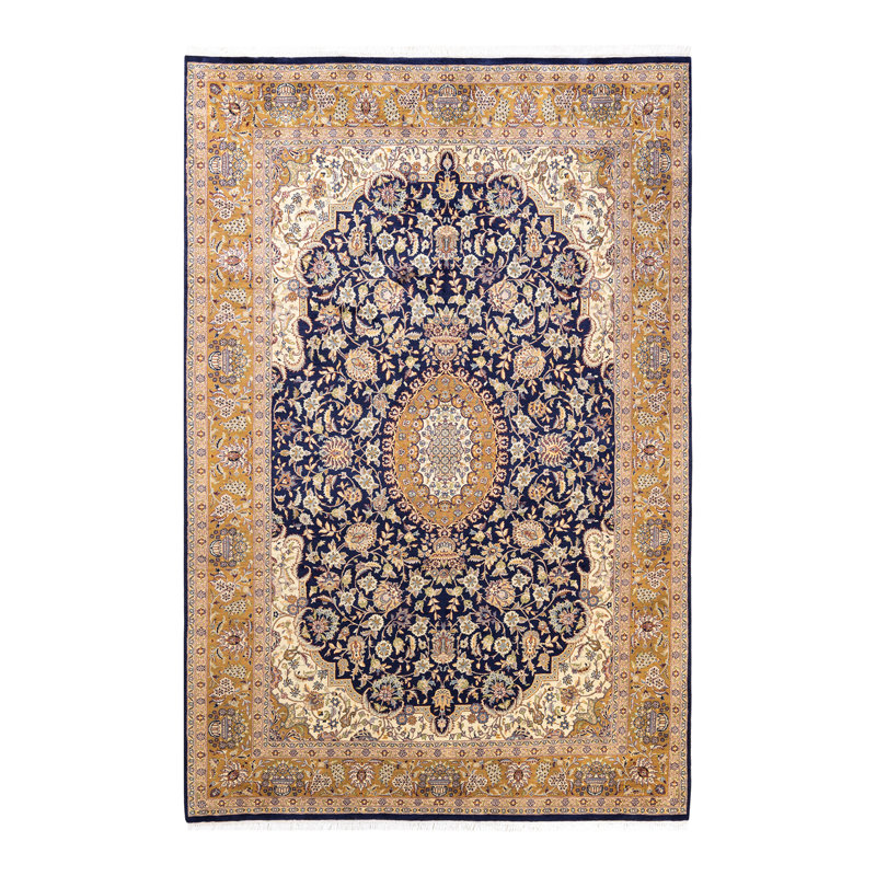 Tapis unique bleu / brun clair / crème noué à la main Mogul 6 pi 1 po x 9 pi