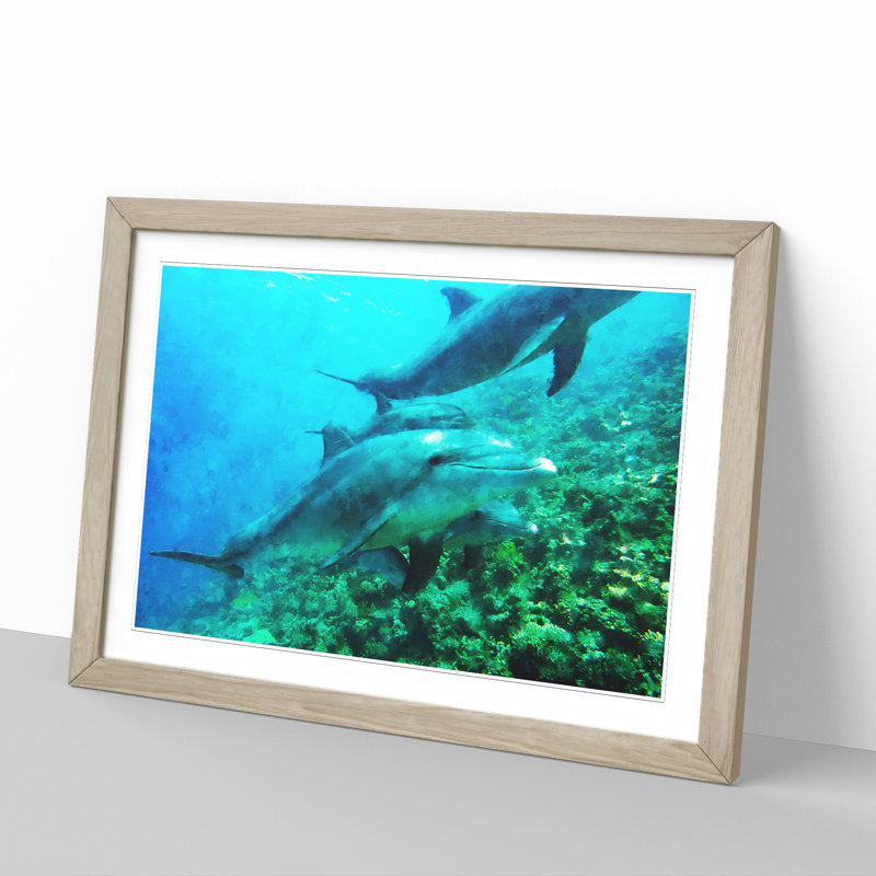 Dolphins - Picture Frame Painting, Oak Framed, 27cm H x 36cm W x 2cm D