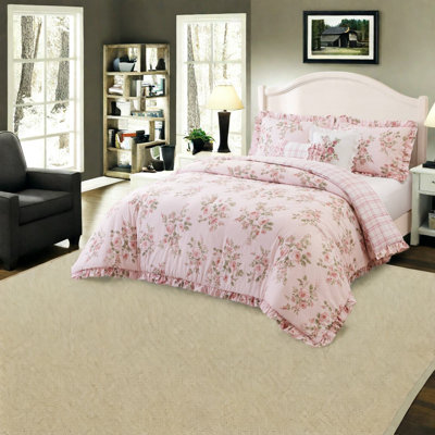 Pink Floral Bedding Sets, Full Queen Microfiber Comforter Set, Cottage