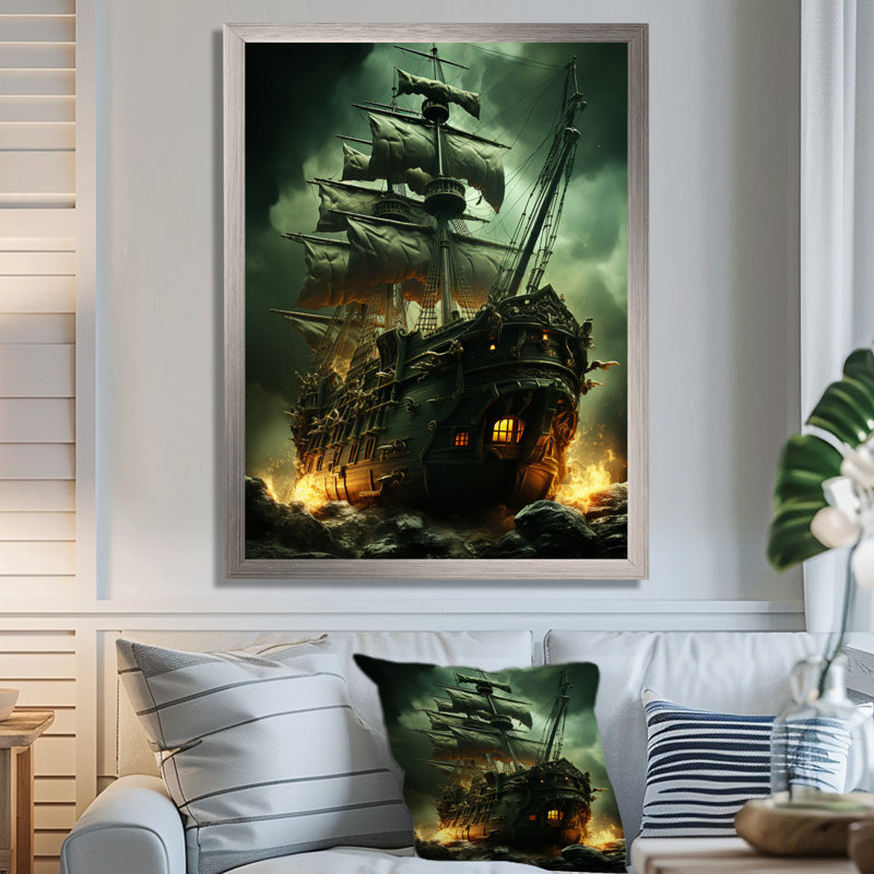 Bateau fantôme pirate 1 - Art mural pirate, H 32 po x l 16 po x P 1 po, Cadre doré simple