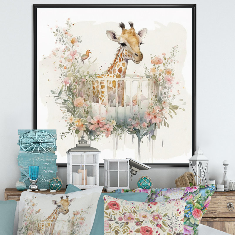 Girafe dans un lit de bébé avec des fleurs - Girafe, art mural sur toile, L 24 po x H 24 po, Toile avec cadre flottant noir