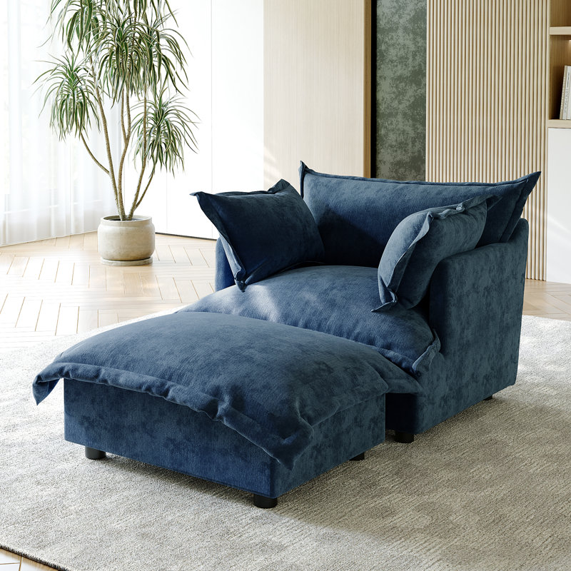 Upholstered Armchair with Footstool, Navy