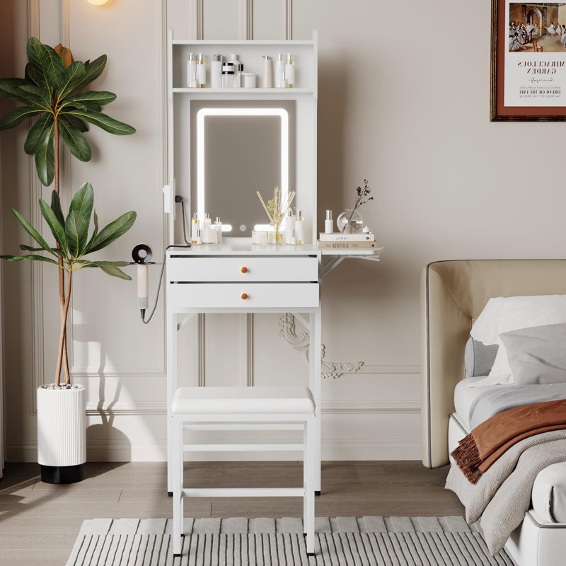Ensemble de mini coiffeuse avec miroir et tabouret, Blanc