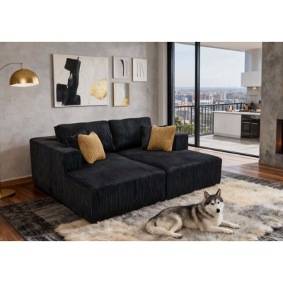 Chaises doubles rembourrées en velours côtelé noir, 2 places, sans assemblage, sièges rembourrés en mousse, profondeur 76 po, largeur 64 po, hauteur 34 po, construction, coussins décoratifs inclus