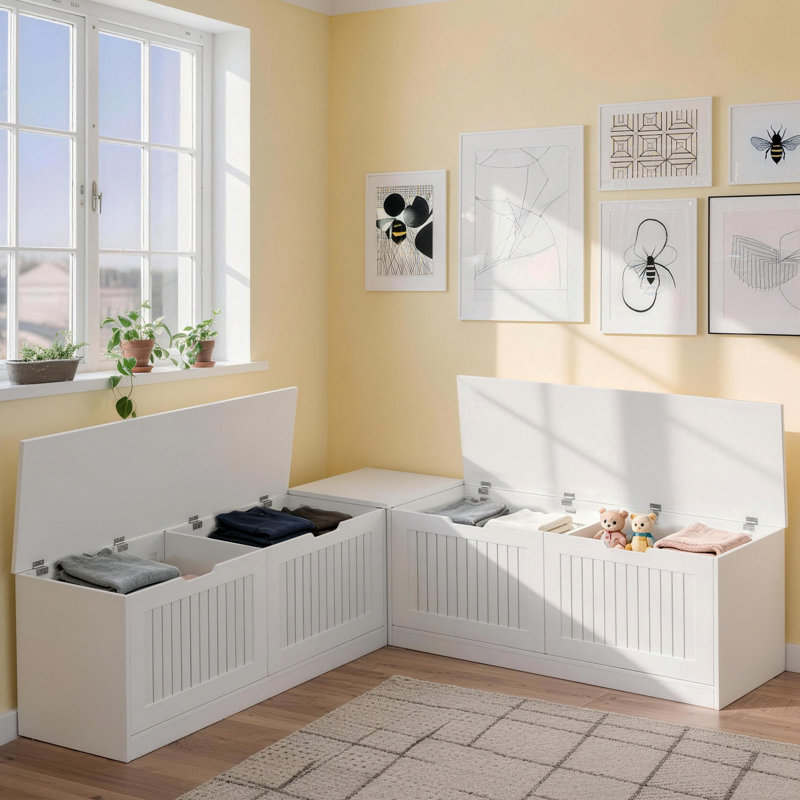 White L-shape Storage Bench Backless Wood Kitchen Breakfast Corner Bench With Hidden Storage For Dining Room Kitchen Entryway