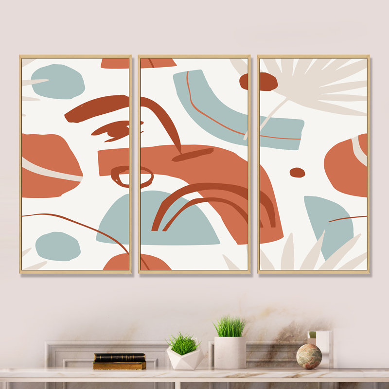 Formes géométriques avec feuilles de palmier tropicales - impression sur toile flottante 3 pièces, H 28 po x l 36 po x P 1 po