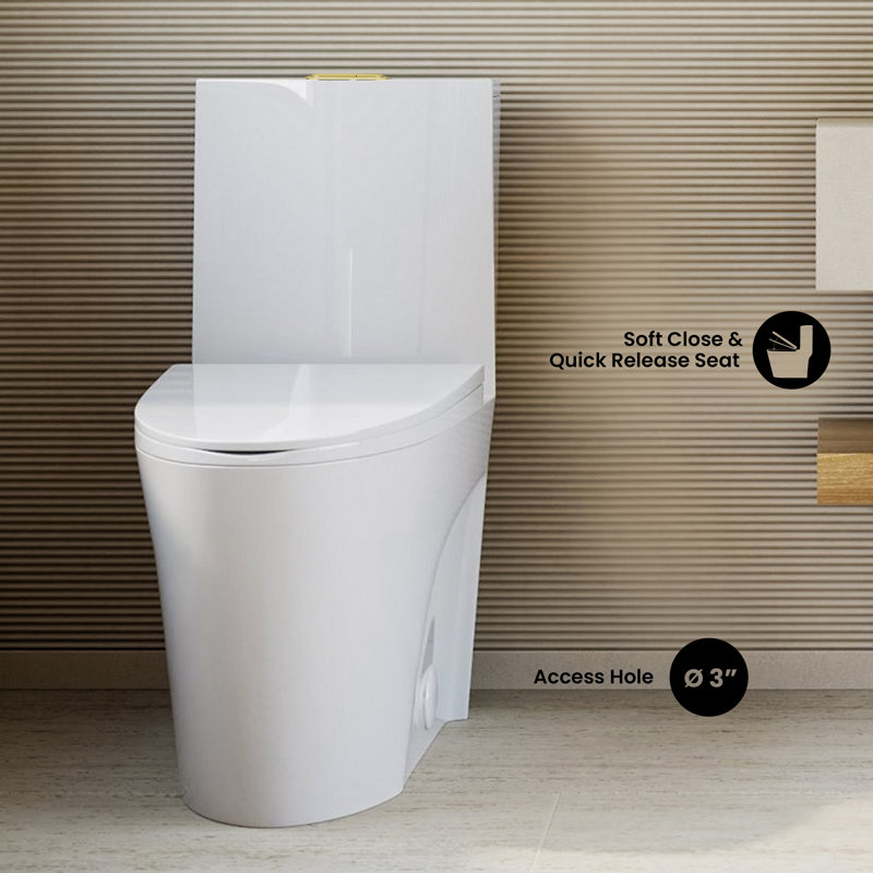 St. Tropez One-Piece Elongated Toilet Collection, Top, 12", Glossy White + Gold Harware