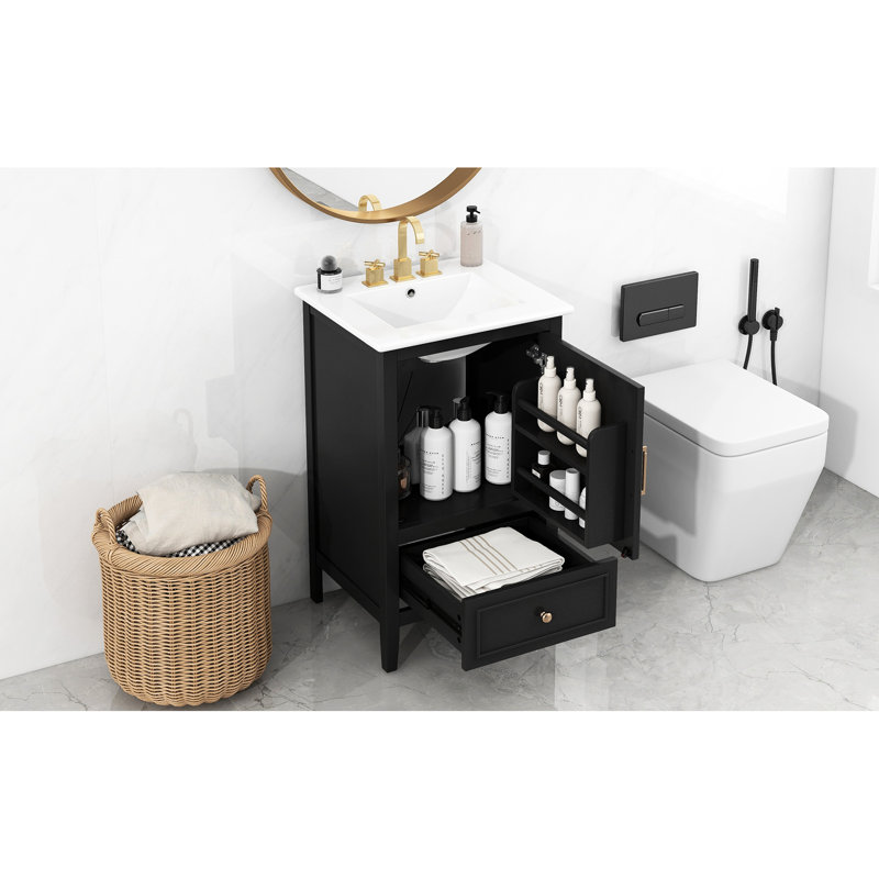 Meuble-lavabo de 20 po avec lavabo - noir, grand rangement, poignée en acier inoxydable, porte silencieuse, surface facile à nettoyer, poids pratique de 67,57 lb, tablette de porte, tiroir,