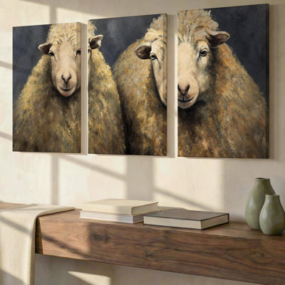 3 Pieces Exculisive Two Sheep Portrait Large Wall Art Rustic Animal Canvas Art, Modern Canvas Decor for Living Room, Bedroom, Office and Home