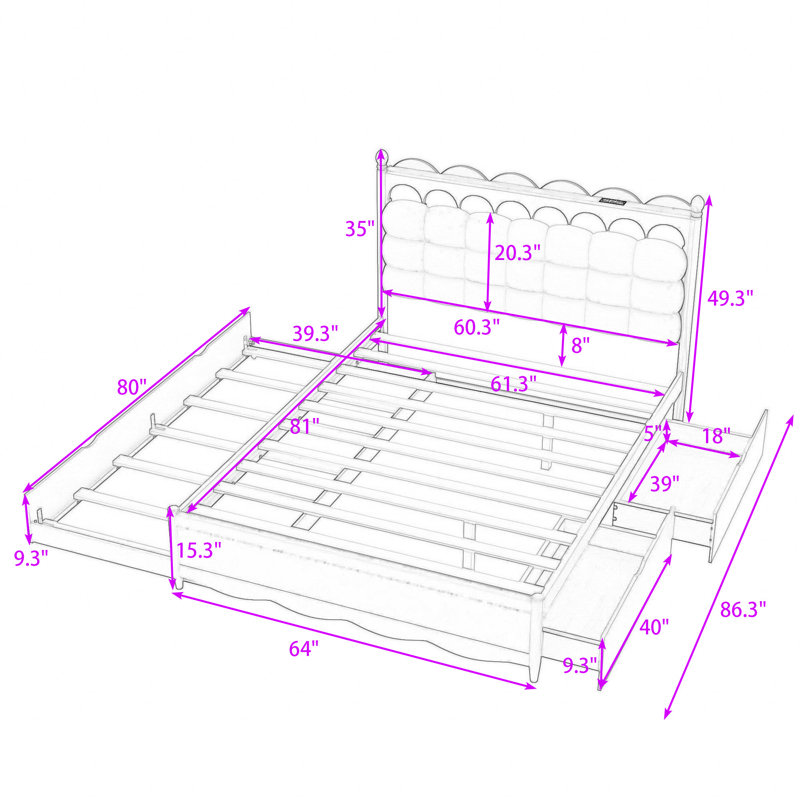 Queen 2 Drawers Platform Bed with Twin-XL Trundle and Built-in Sockets & USB Ports, Gray