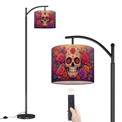 Arc Floor Lamp with Adjustable Lampshade Colorful Sugar Skull Standing Lamp 3 Color Temperatures Dimmable Tall Pole Lamp with Foot Switch for Bedroom