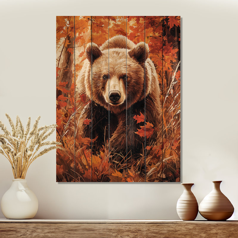 Ours dans la prairie d'automne II - Art mural en bois d'ours - sur bois de pin naturel, H 44 po x l 34 po x P 0,78 po