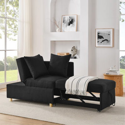 Convertible Sleeper Sofa Chair Adjustable Backrest Recliner With Pullout Sofa Bed With Wheels, Modern Linen Fabric For Living Room For Tight Spaces, Black