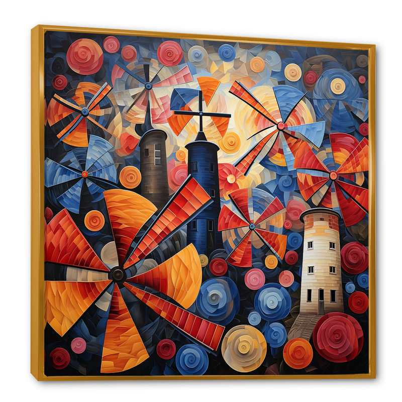 Folk Art Wind Turbines Village I - Wind Turbines Wall Art, Cadre flottant doré, H 36 po x l 36 po x P 1,5 po