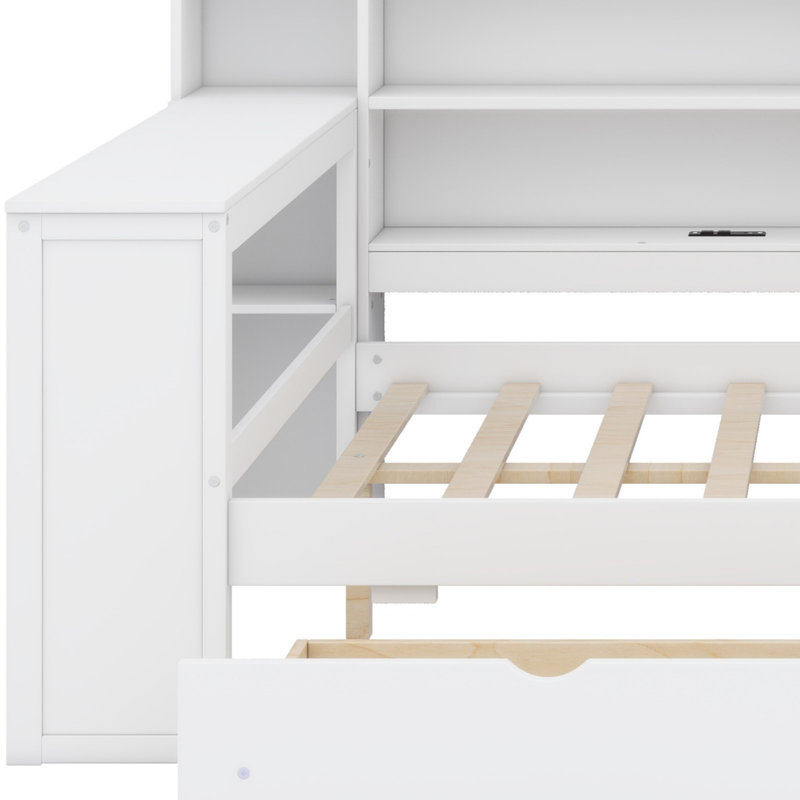 Wood Platform Bed With Storage Shelves, Drawers, Charging Station, LED, Desk And Upholstered Headboard, Full, White