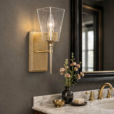 1-Light Dimmable Gold Wall Sconce with Seeded Glass Shade