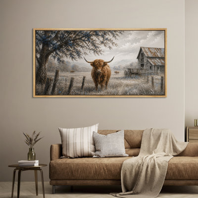 Rustic Highland Cow Farmhouse Landscape Barn Animal Wall Decor - Large Framed Canvas Master Bedroom Wall Art Print
