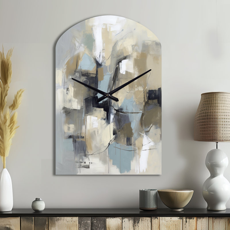 Beige And Grey Unbounded Creativity I - Arch Shape Abstract Painting 3D Wall Clock, Medium