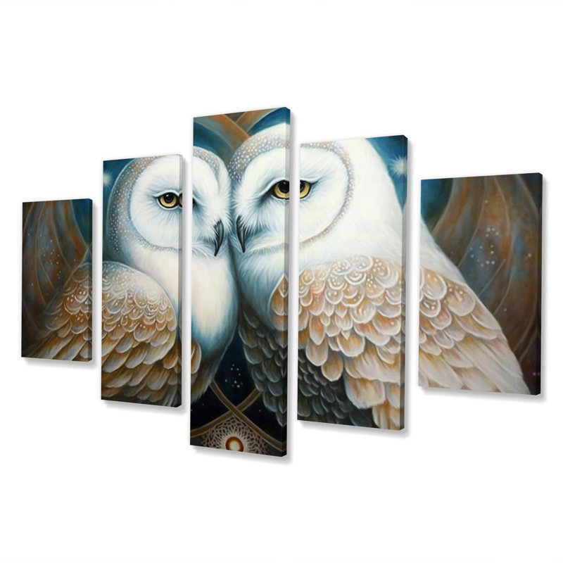 White Owls In Love - Animals Owl Wall Decor - 5 Panels
