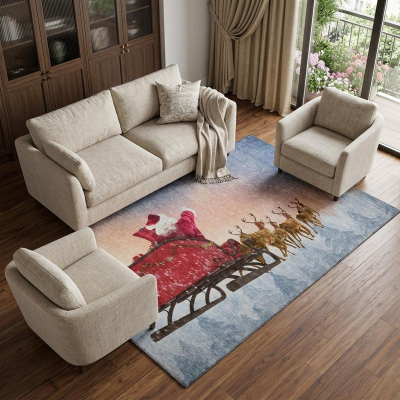 Tapis de Noël délavé 9 pi x 12 pi bleu, rouge et brun avec motif de père Noël
