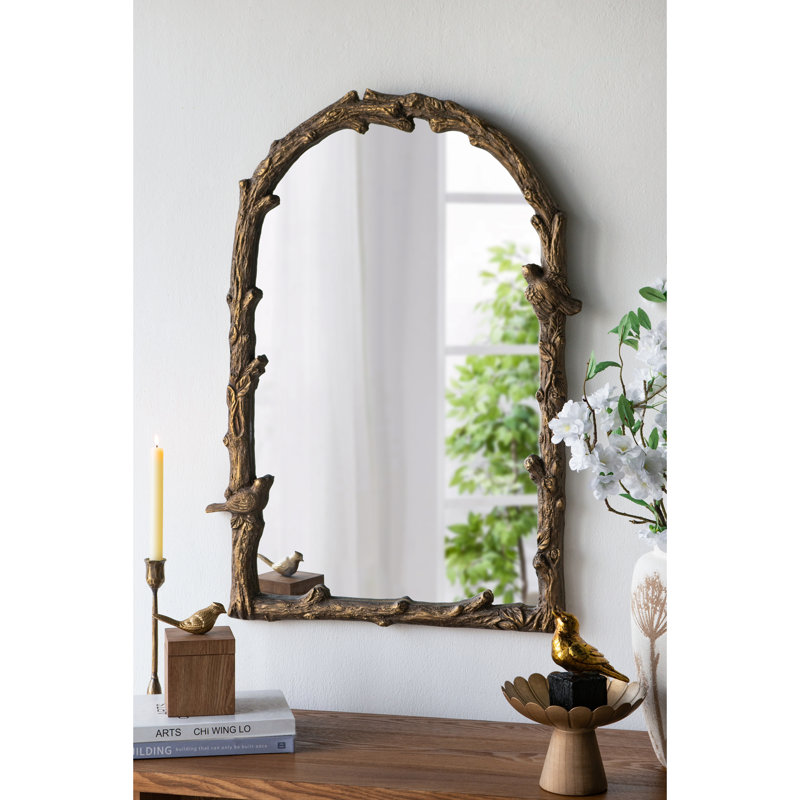 Miroir mural 24 po x 1,5 po x 34 po magnésien avec motifs botaniques et oiseaux dorés