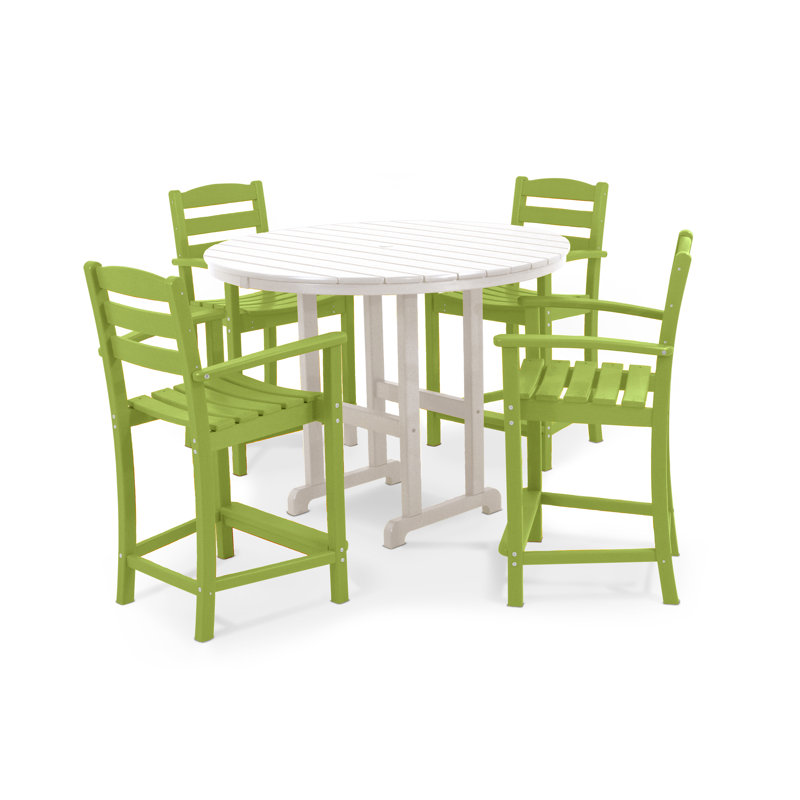 POLYWOOD La Casa Café 5-Piece Round Farmhouse Counter Set, Green/White