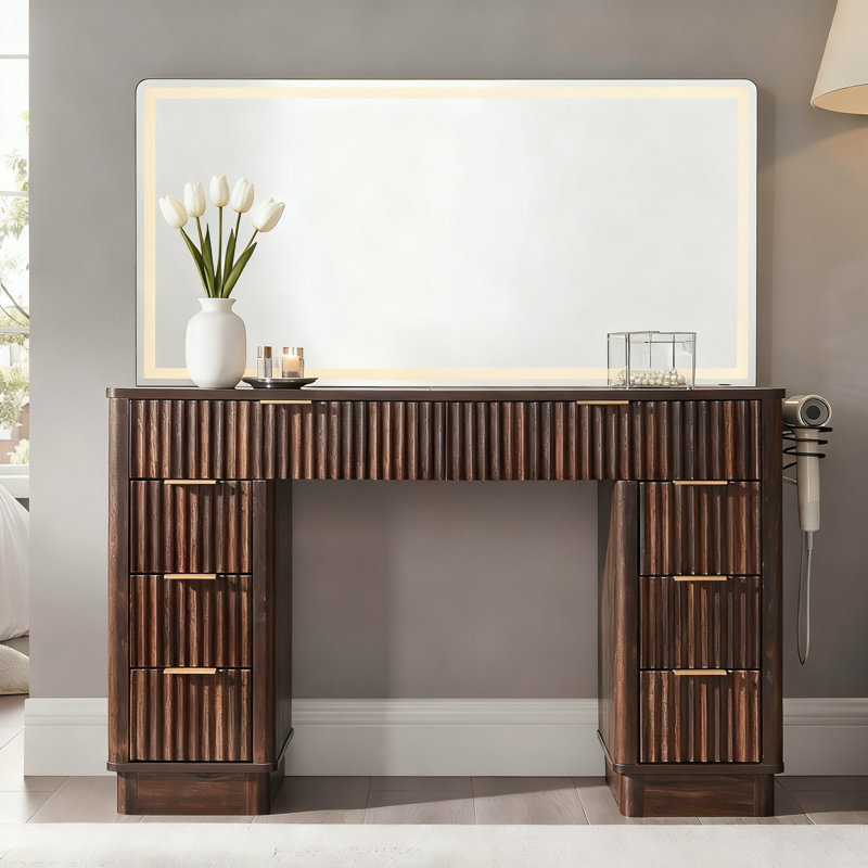 48-Inch Vanity with LED Lighted Mirror and 8 Drawers, Dark Walnut
