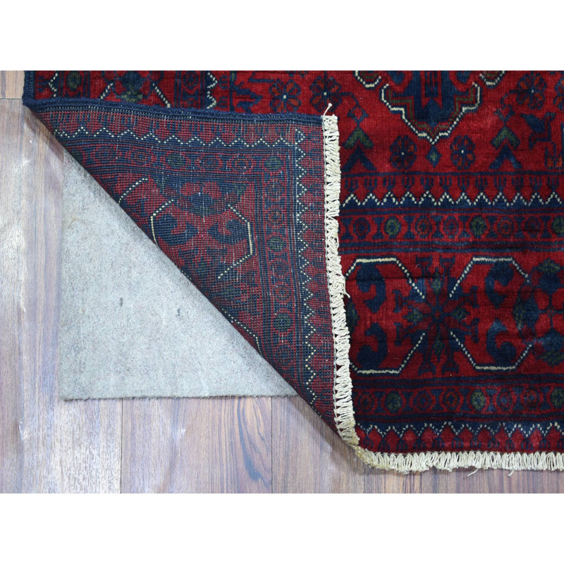 Tapis oriental 2 pi 9 po x 4 pi 3 po rouge et saturé Khamyab afghan avec motif à double médaillon géométrique en laine brillante noué à la main D4DDEDA524854343A9FCAA104A478080