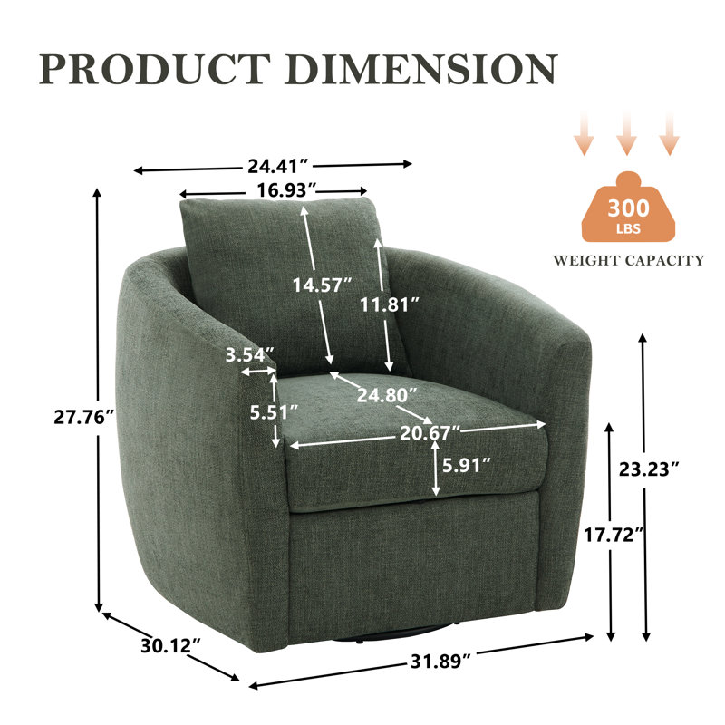 Fauteuil club pivotant de 31,89 po de largeur avec coussin lombaire, fauteuil club rembourré en chenille douce pour le salon, la chambre à coucher et les petits espaces